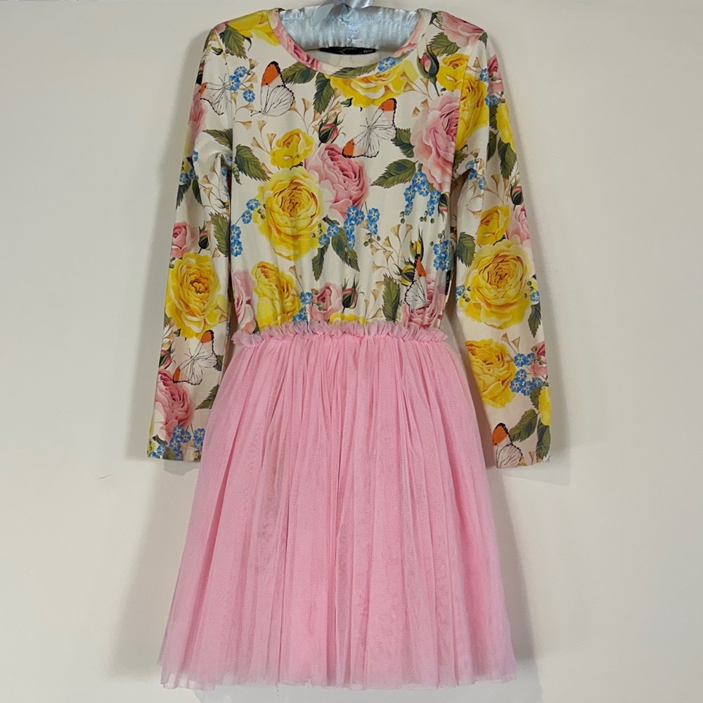 Rock Your Kid Yellow Rose Floral and Pink Tulle long sleeve Dress, size 7